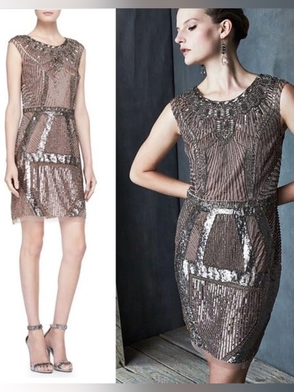 Aiden Mattox Beaded Silver-Gray Cocktail Sheath Dress